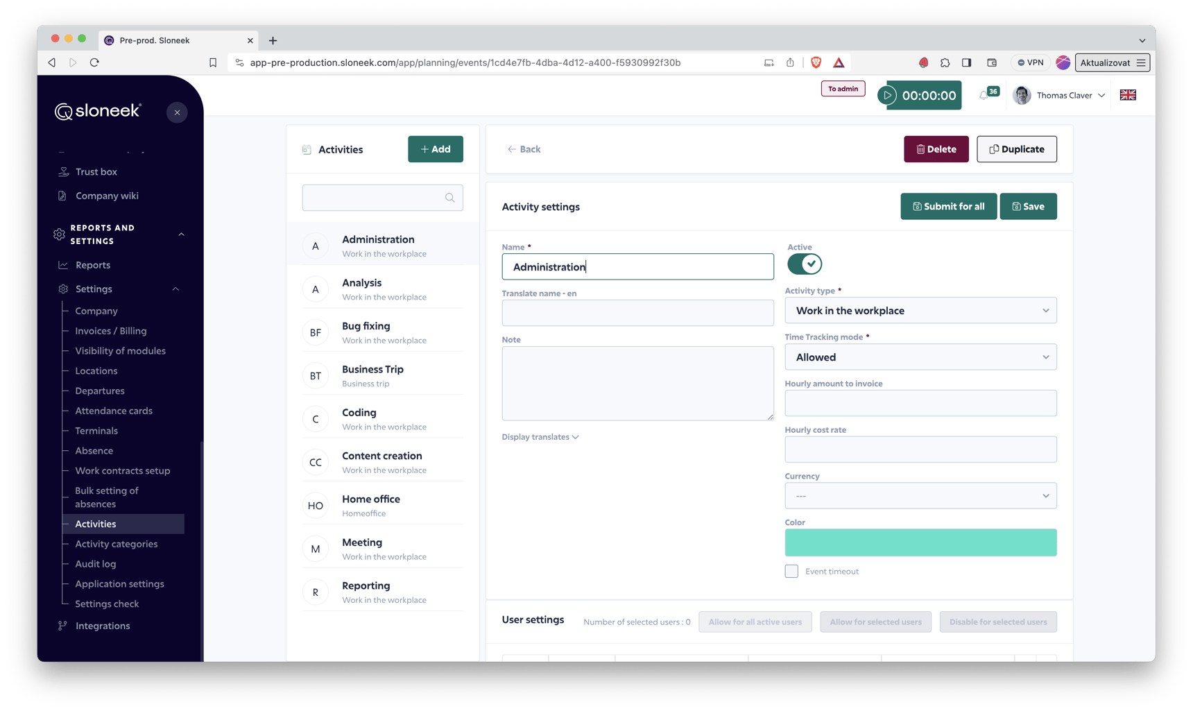 Time tracking settings